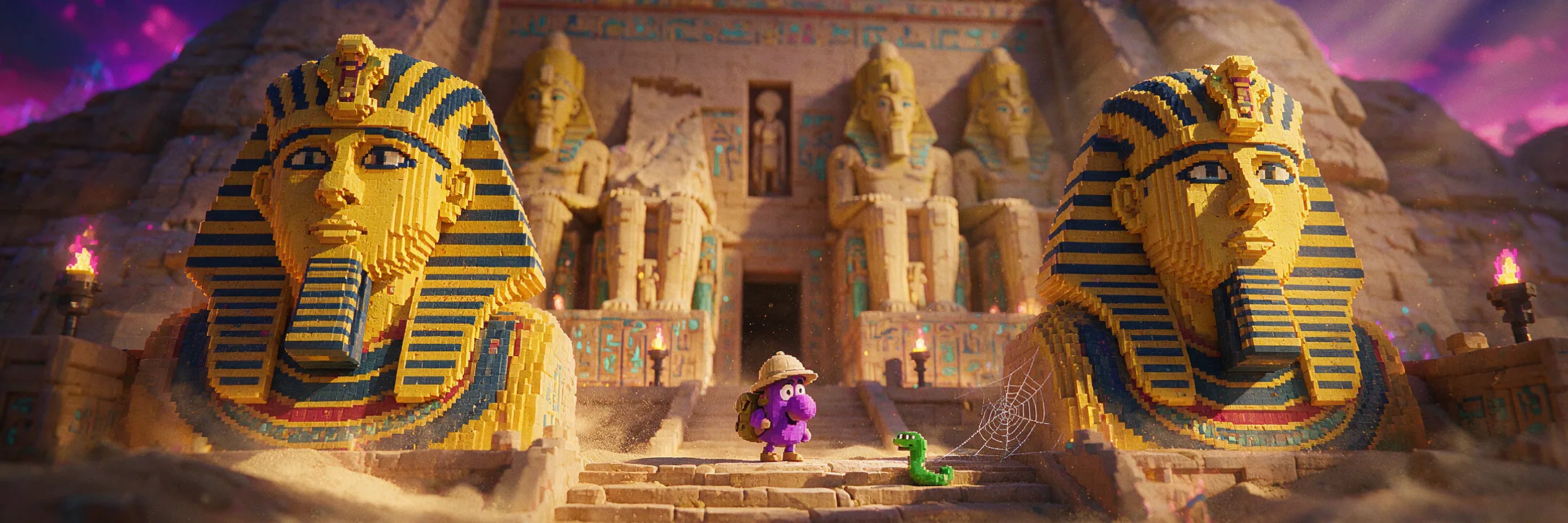 Johnny Jones, convertido en criatura por la maldición, ante las máscaras del faraón en la puerta de Abu Simbel