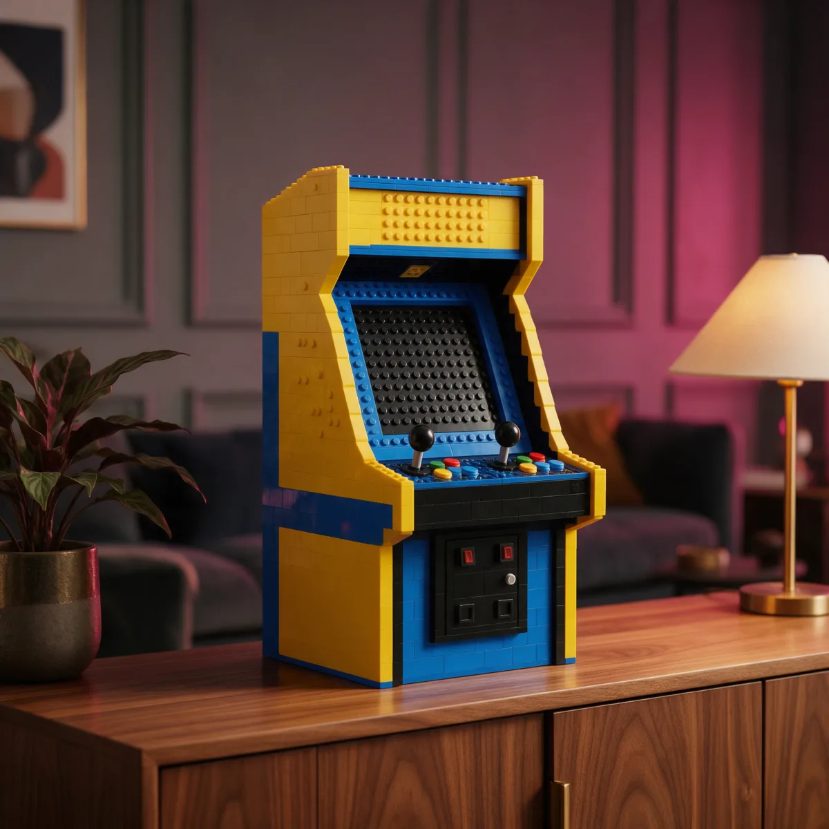 Maqueta de máquina recreativa construida con bloques de construcción sobre un mueble