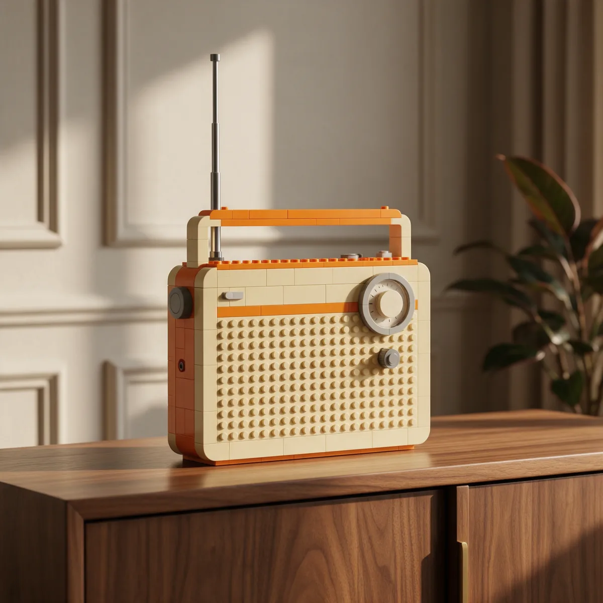 Radio retro construida con bloques de construcción sobre un aparador