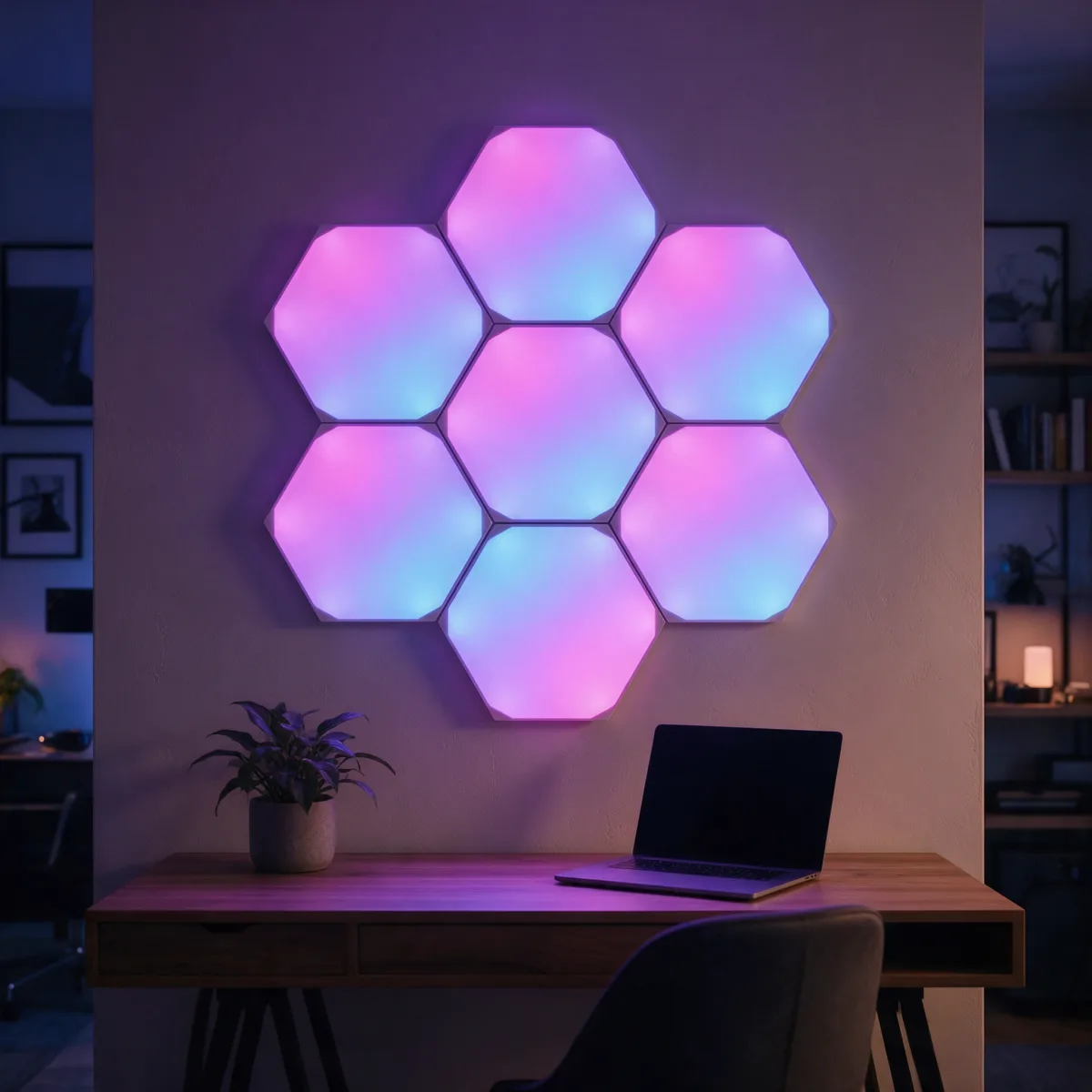 Paneles de luz hexagonales iluminados en magenta y cian sobre una pared