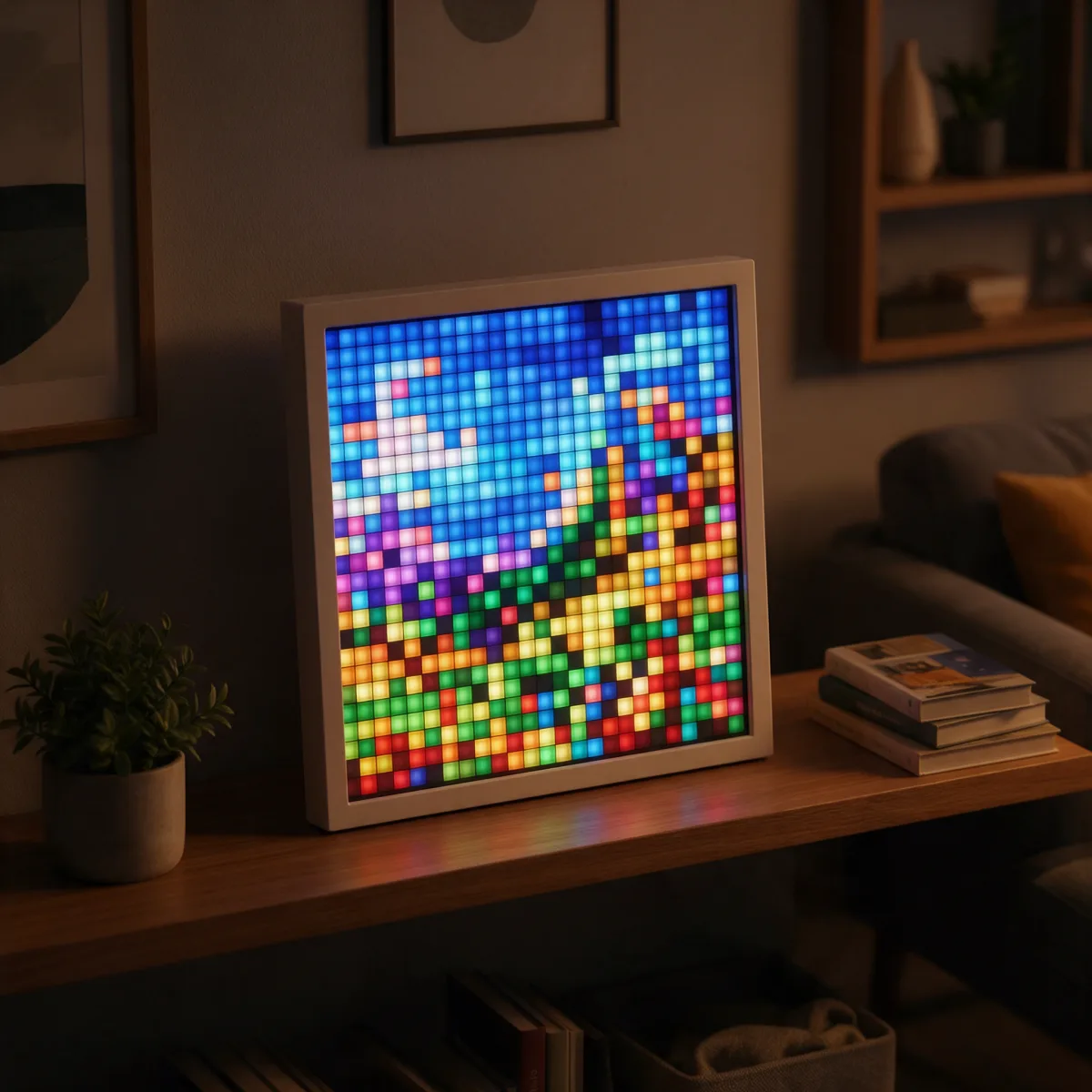 Marco digital LED mostrando pixel art sobre una estantería