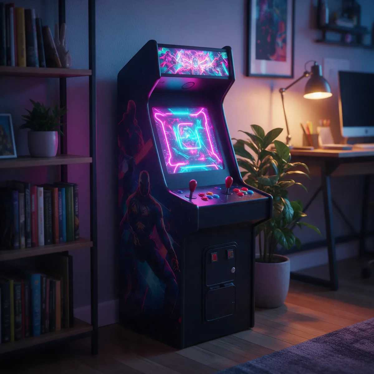 Máquina recreativa arcade de tamaño reducido en un rincón del salón