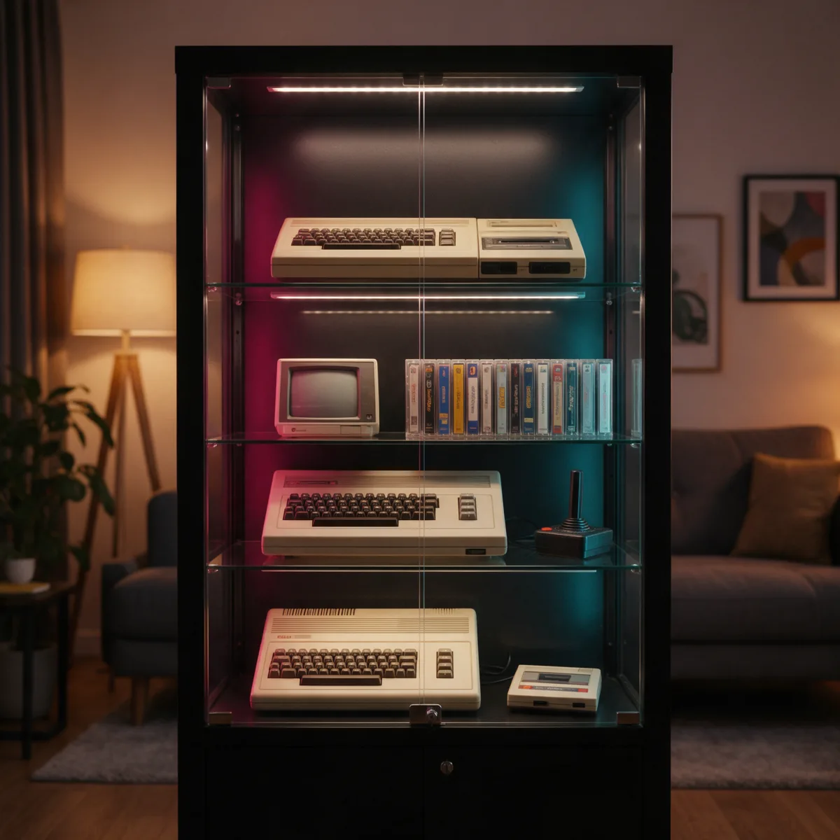 Vitrina con iluminación LED y ordenadores y consolas antiguas expuestos