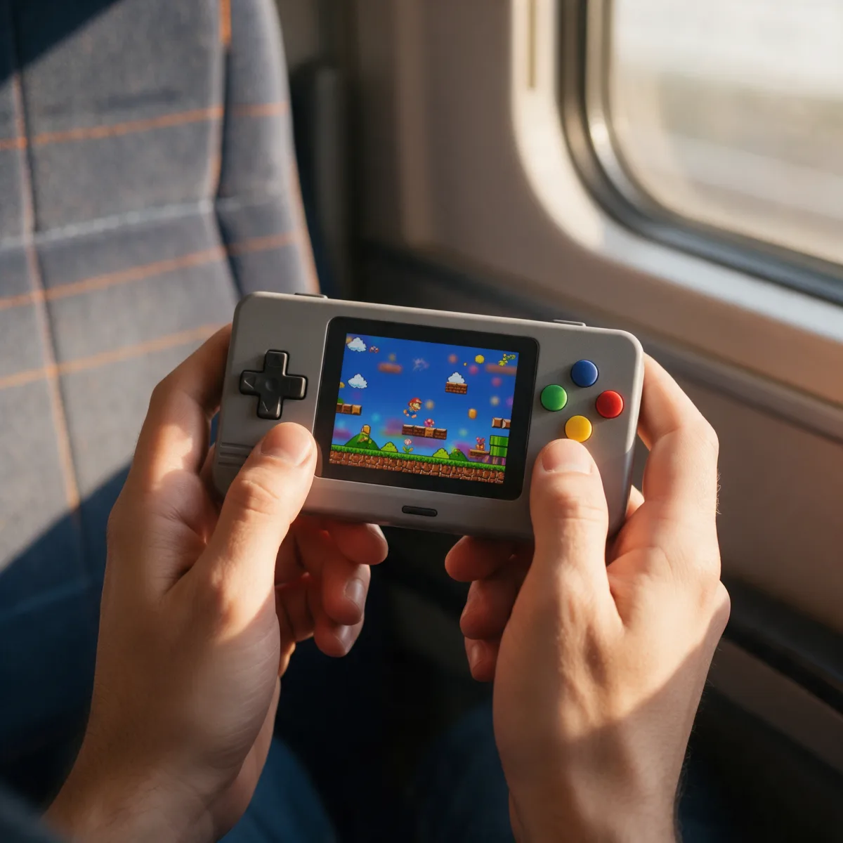 Consola retro portátil gris con pantalla horizontal en las manos de un hombre