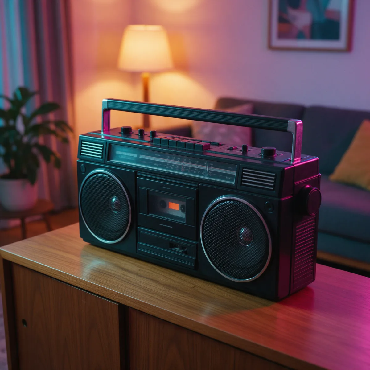 Radiocasete boombox negro de los años 80 sobre un aparador