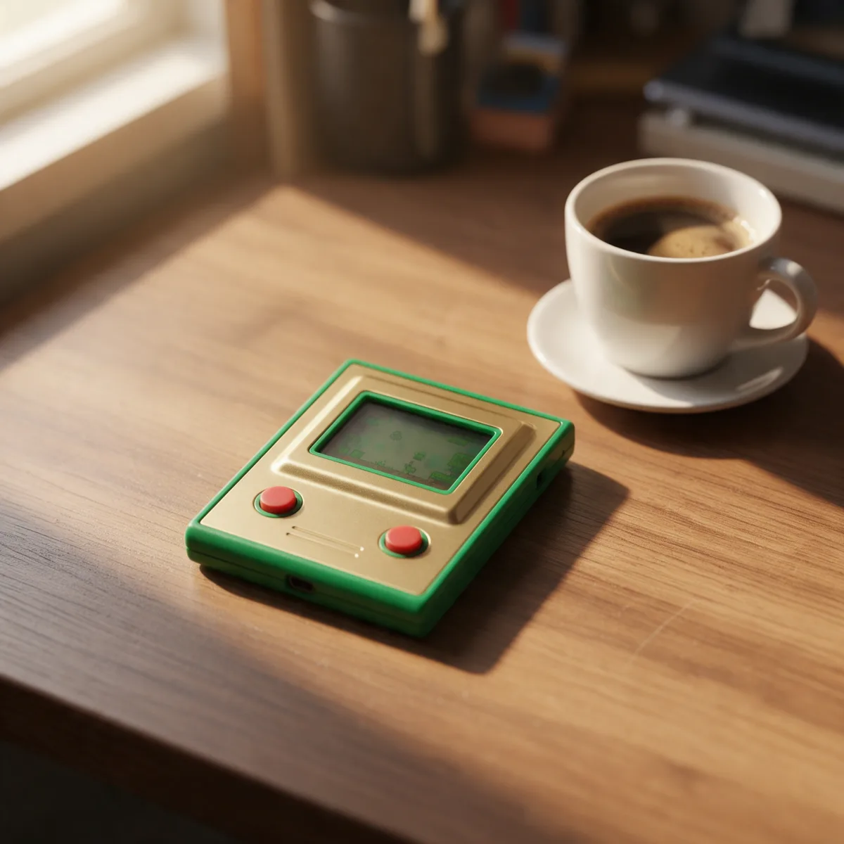 Pequeña maquinita de bolsillo dorada y verde con pantalla LCD sobre un escritorio