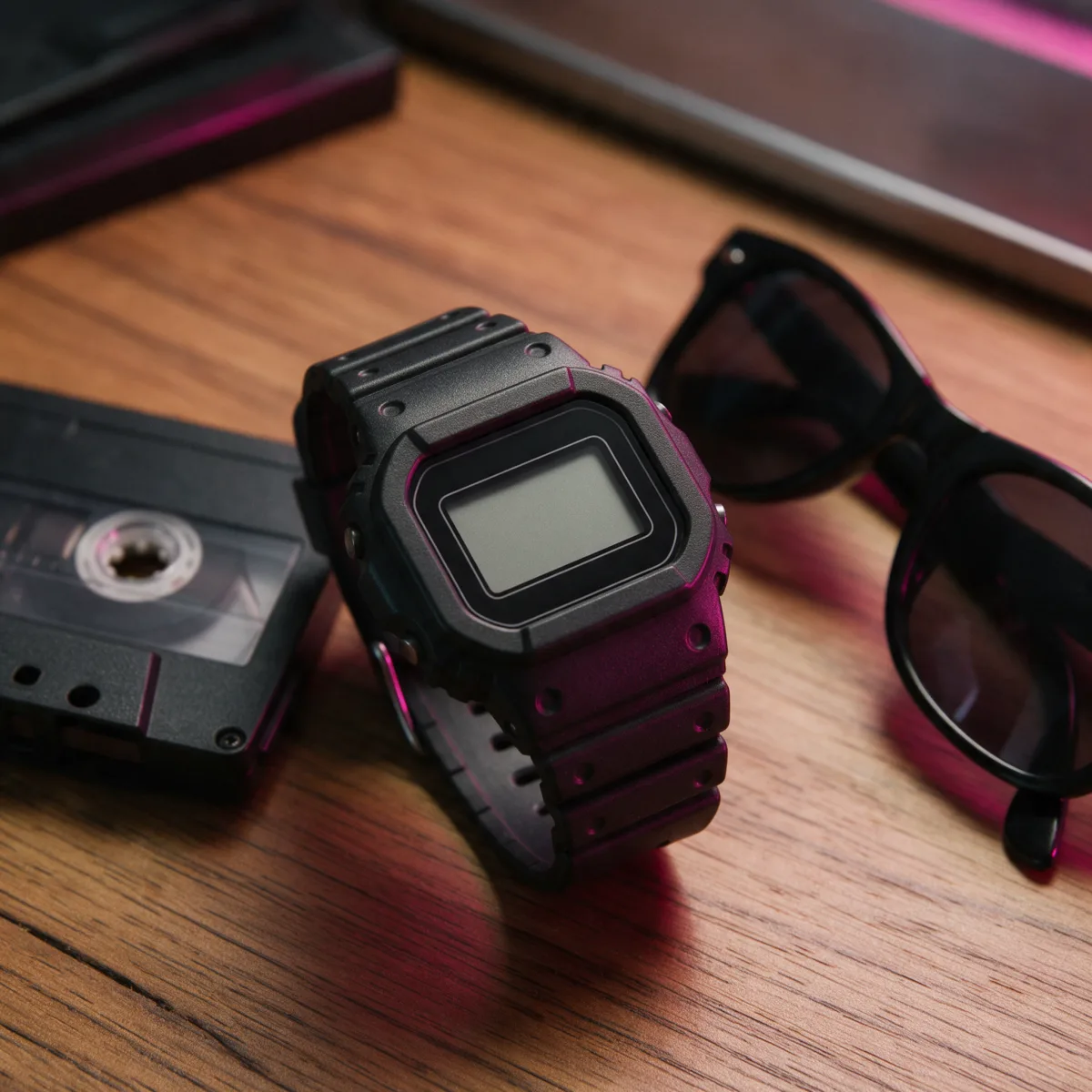 Reloj digital negro de resina de estilo años 80 sobre una mesa de madera