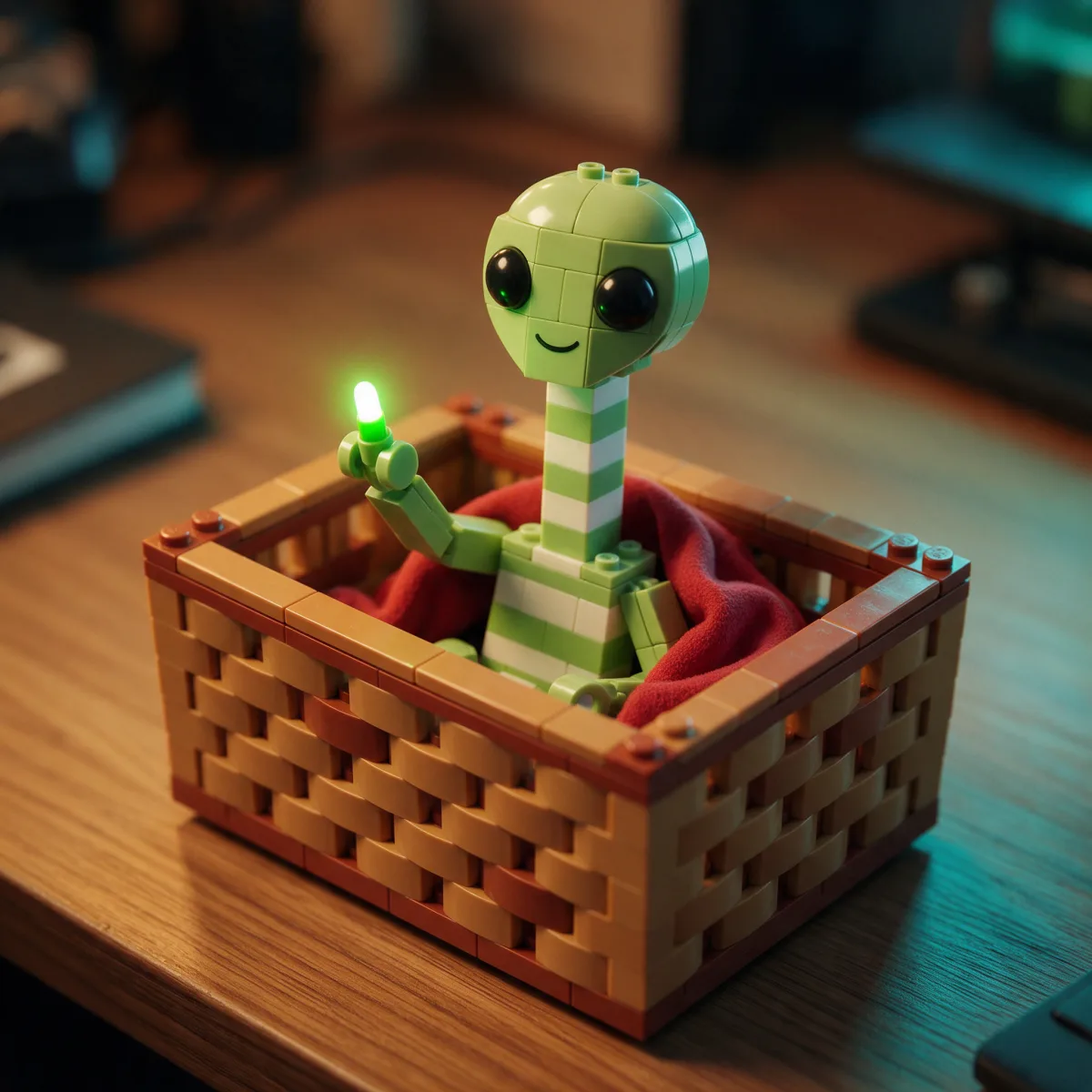 Maqueta de un pequeño extraterrestre construida con bloques dentro de una cesta de bicicleta