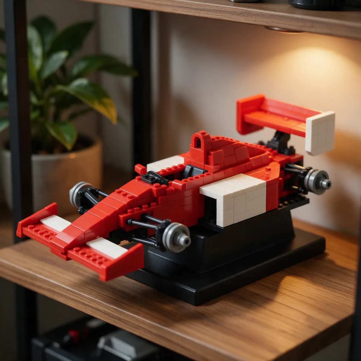 Maqueta de un Fórmula 1 de finales de los 80 construida con bloques sobre una peana