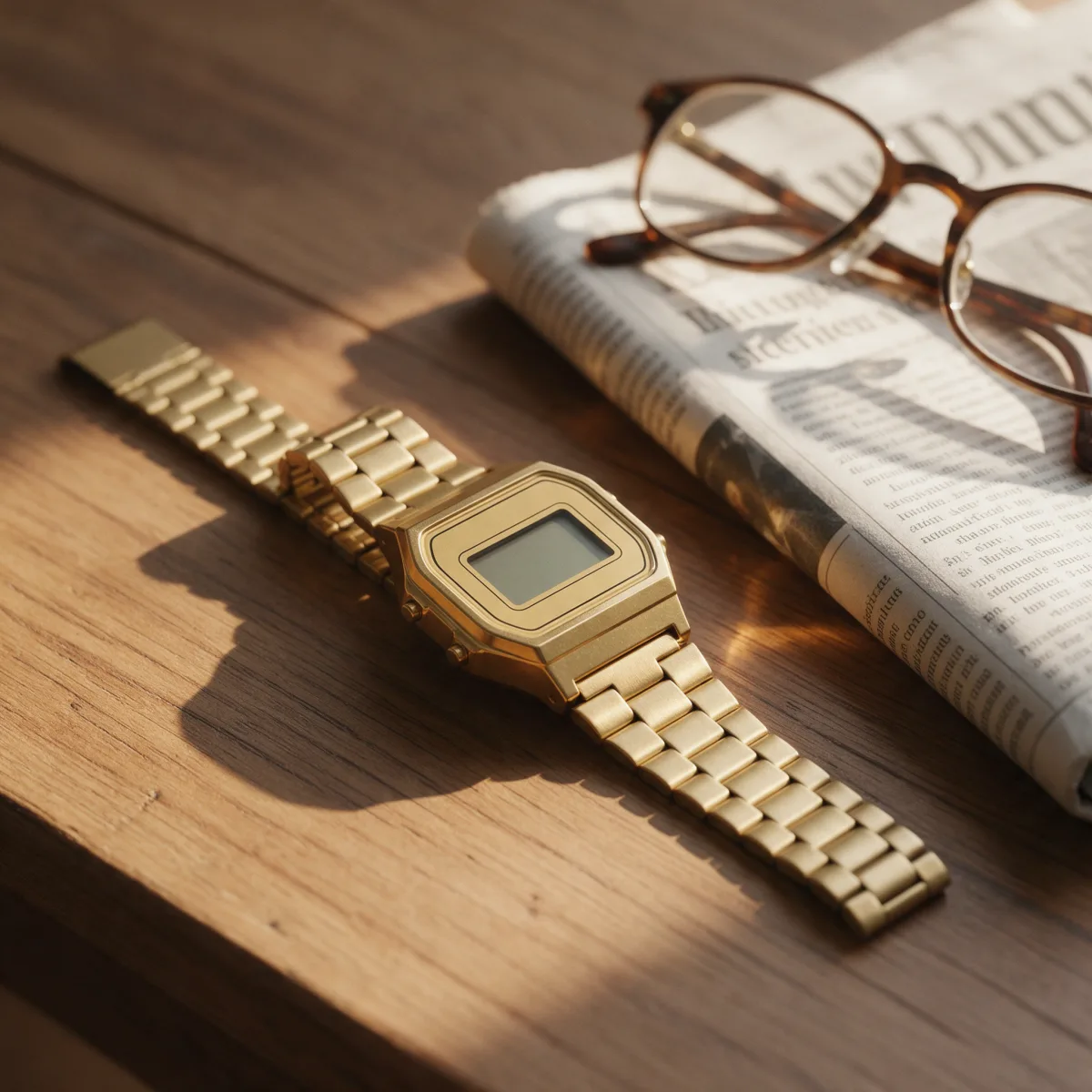 Reloj digital dorado de estilo años 80 con correa metálica sobre una mesa