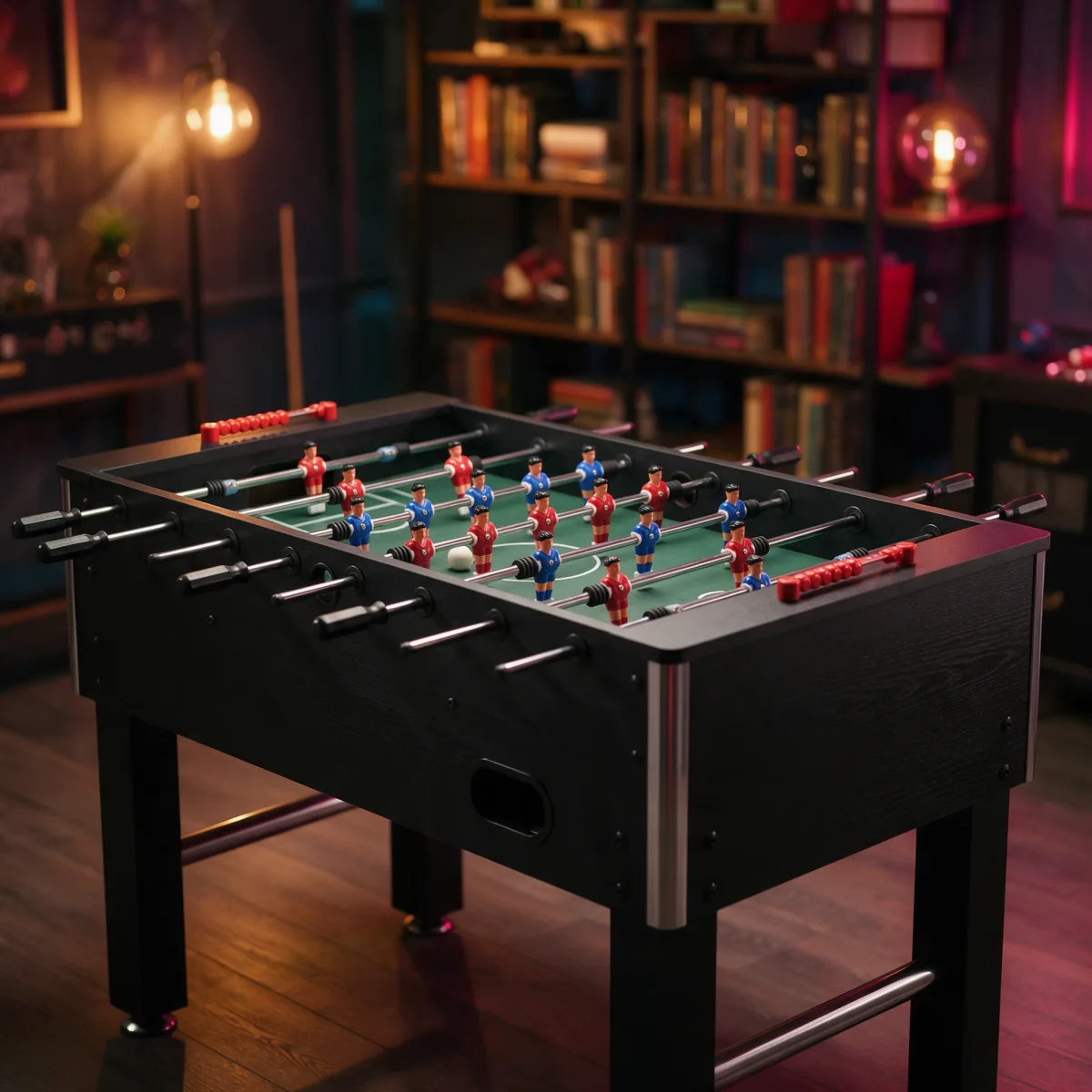 Futbolín negro de madera en una sala de juegos