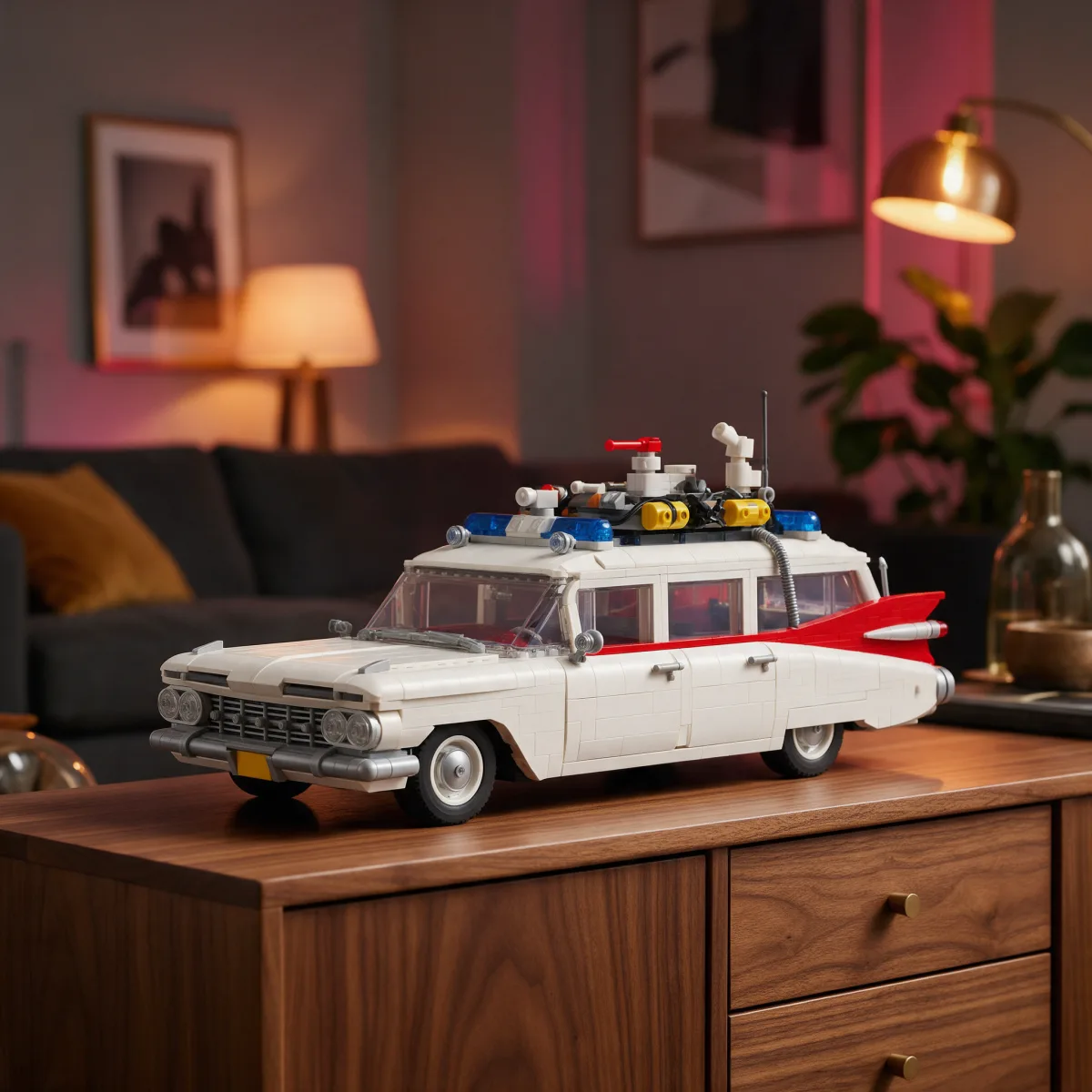 Maqueta de un coche familiar blanco de los años 50 con equipo en el techo, construida con bloques