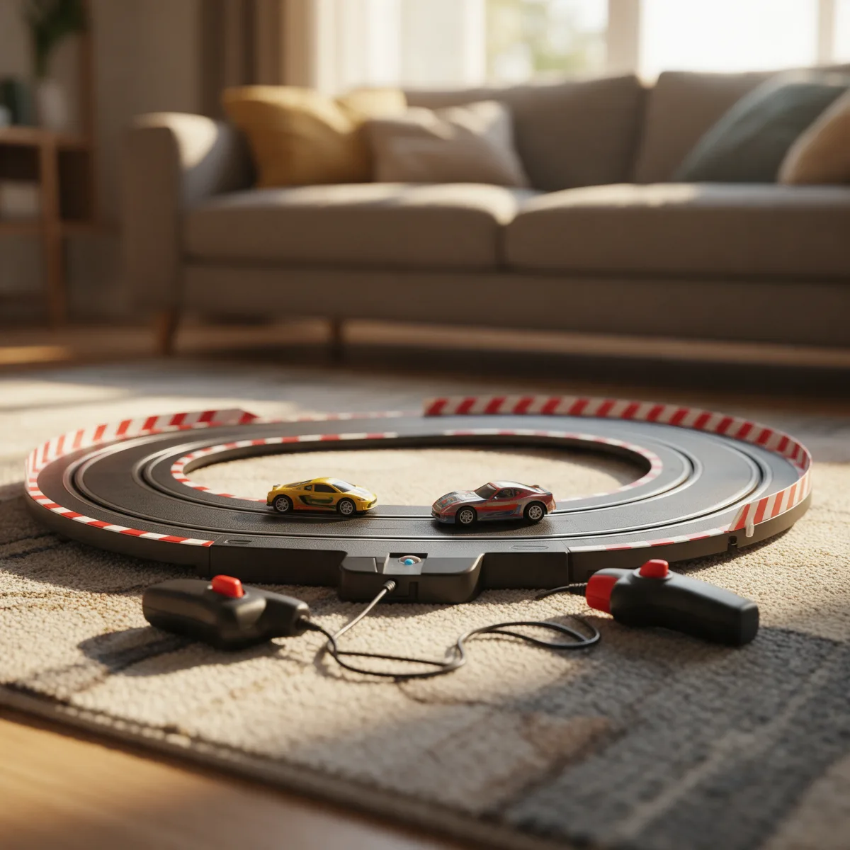 Circuito de coches eléctricos montado sobre la alfombra de un salón