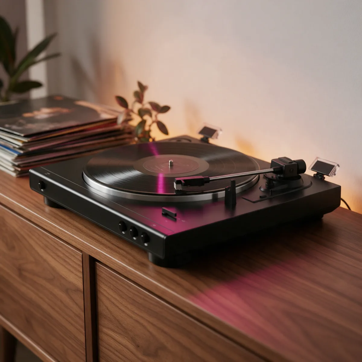 Tocadiscos negro con un vinilo girando sobre un aparador