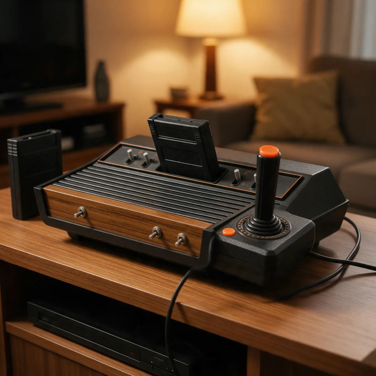 Consola Atari 2600 con frontal de madera y mando de palanca