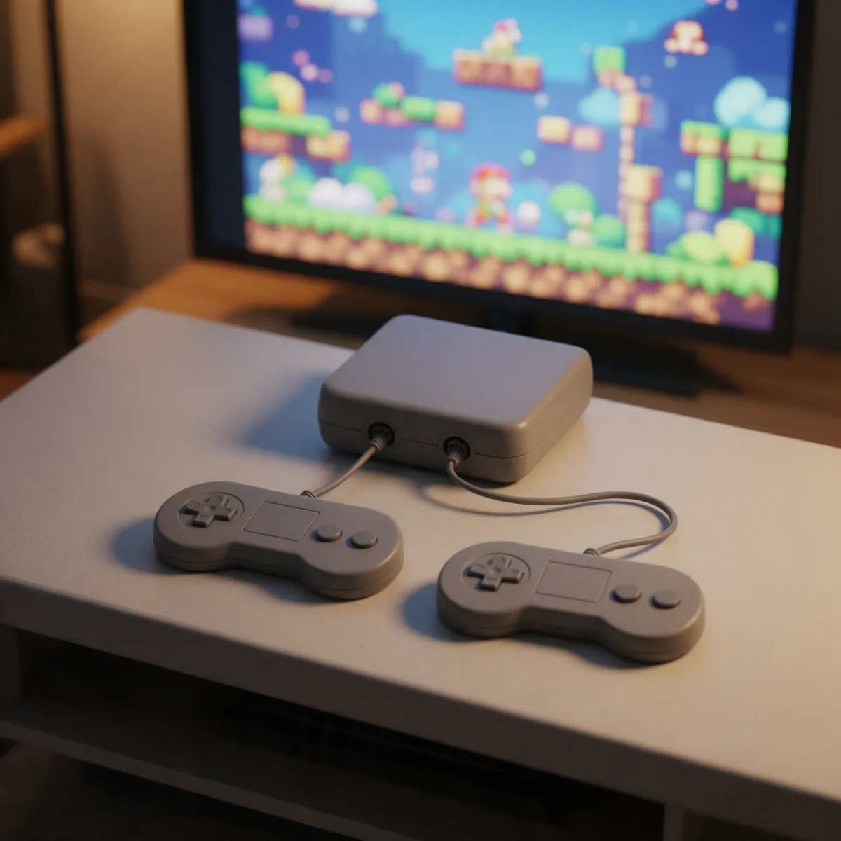 Consola retro compacta con dos mandos frente a un televisor