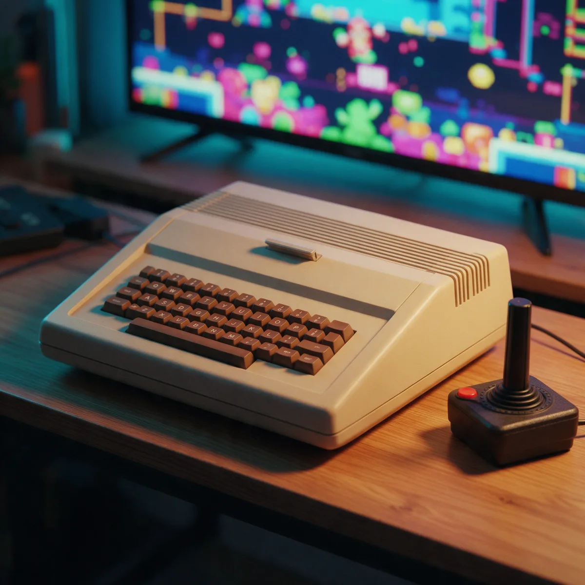 Ordenador beige de los años 80 con joystick conectado a un televisor