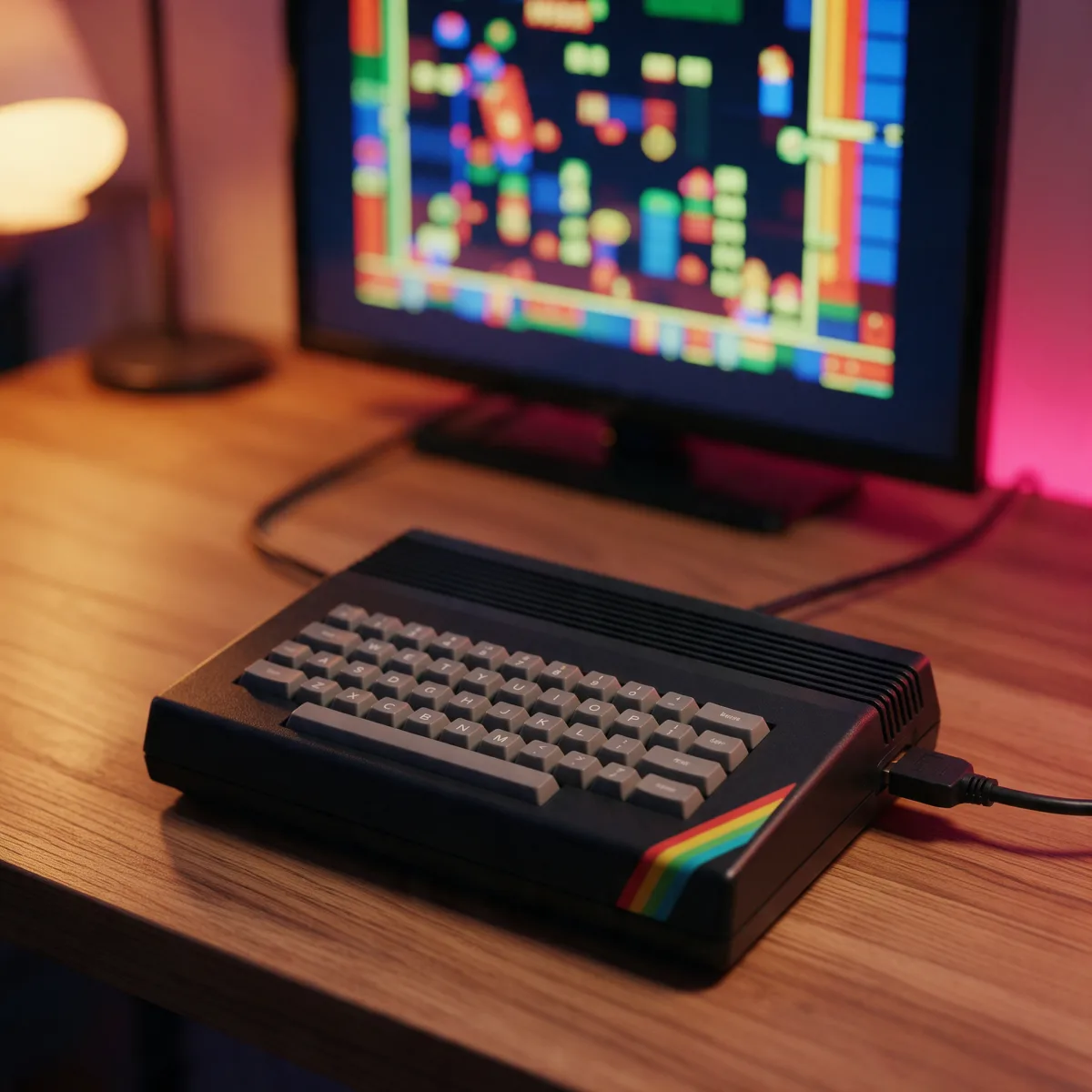 Ordenador de teclas de goma estilo ZX Spectrum conectado a un televisor moderno