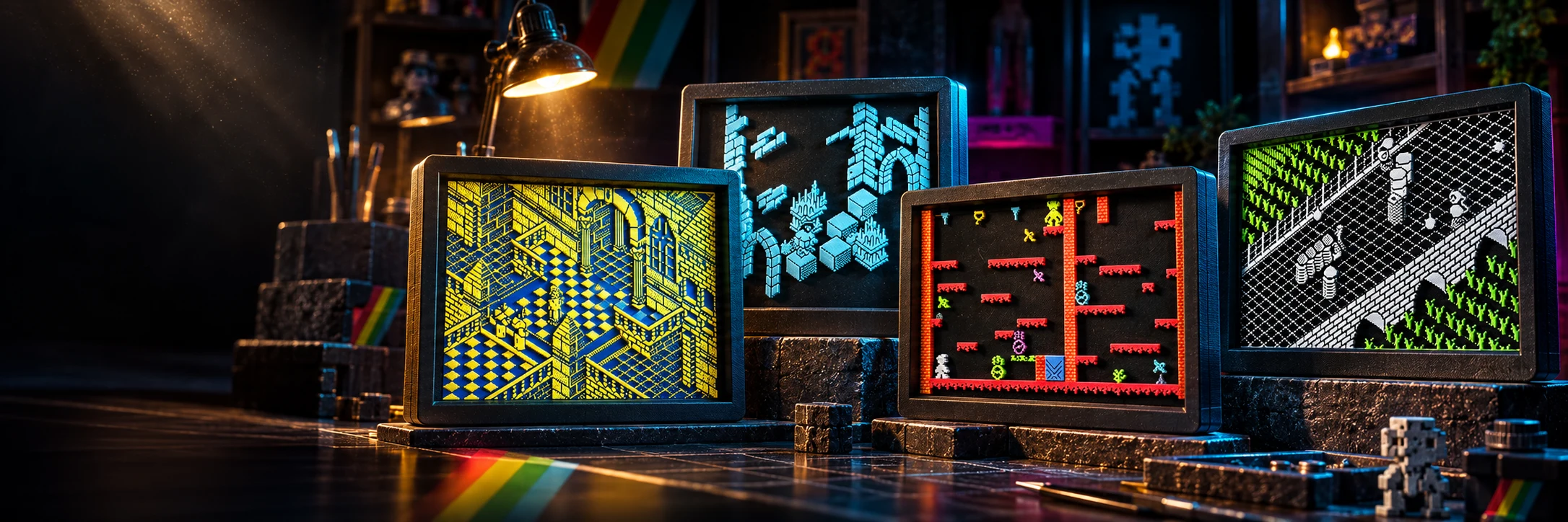 Colección de dioramas 3D inspirados en La Abadía del Crimen, Knight Lore, Manic Miner y Highway Encounter