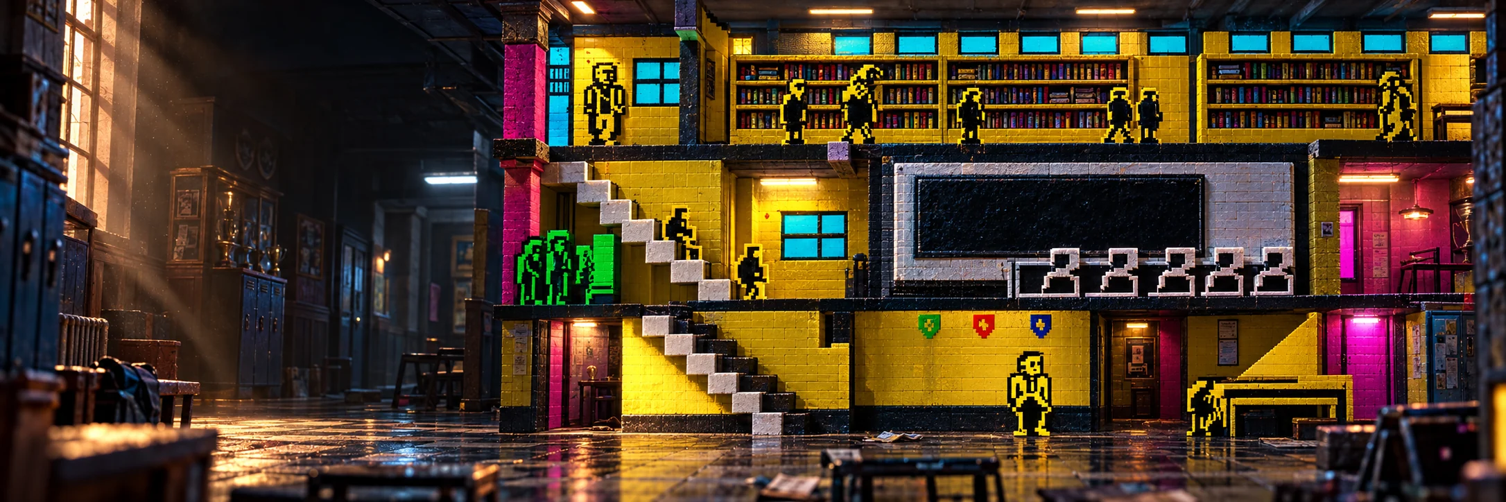 Diorama 3D inspirado en Skool Daze para ZX Spectrum