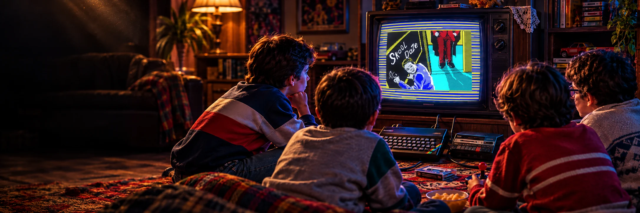 Varios chicos jugando con un ZX Spectrum conectado a un televisor antiguo durante la carga de Skool Daze