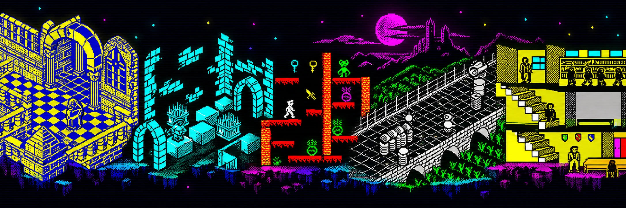 Escenas de La Abadía del Crimen, Knight Lore, Manic Miner, Highway Encounter y Skool Daze reunidas en una franja de pixel art